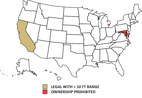 Illustrated map indicating states where flamethrowers are legal.