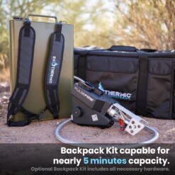 Pulsefire UBF in foreground attached to Backpack Kit, with UBF/Backpack Carry Bag behind