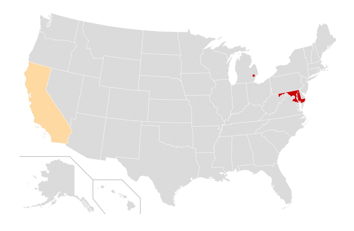 Map of the United States depicting Maryland in red and California in beige.