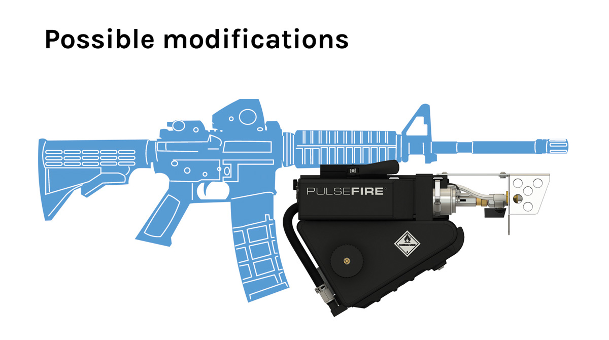 Diagram of Pulsefire UBF attached to blue AR type rifle with the words Possible Modifications in the upper left