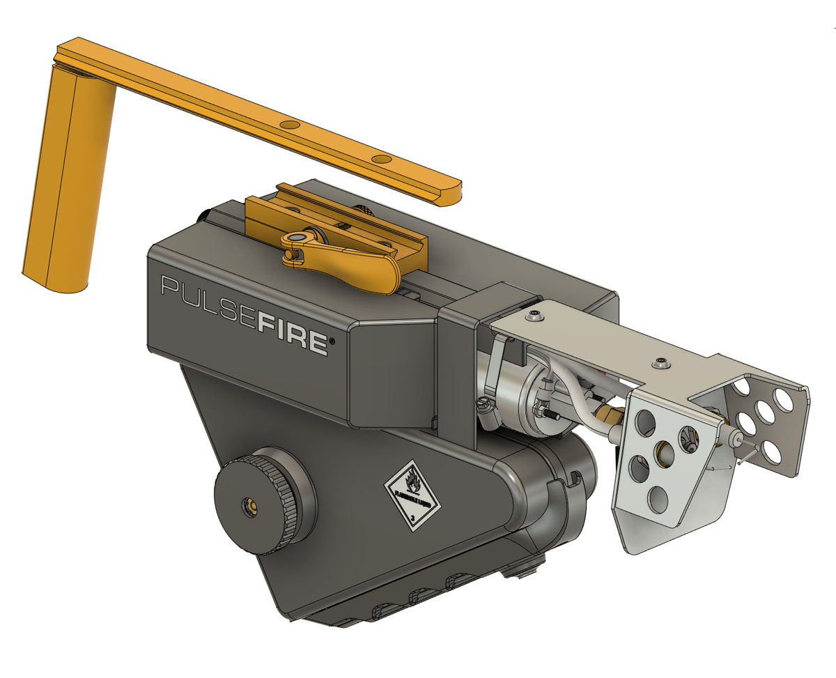 Diagram of the Pulsefire UBF highlighting the picatinny clamp and handle assembly.