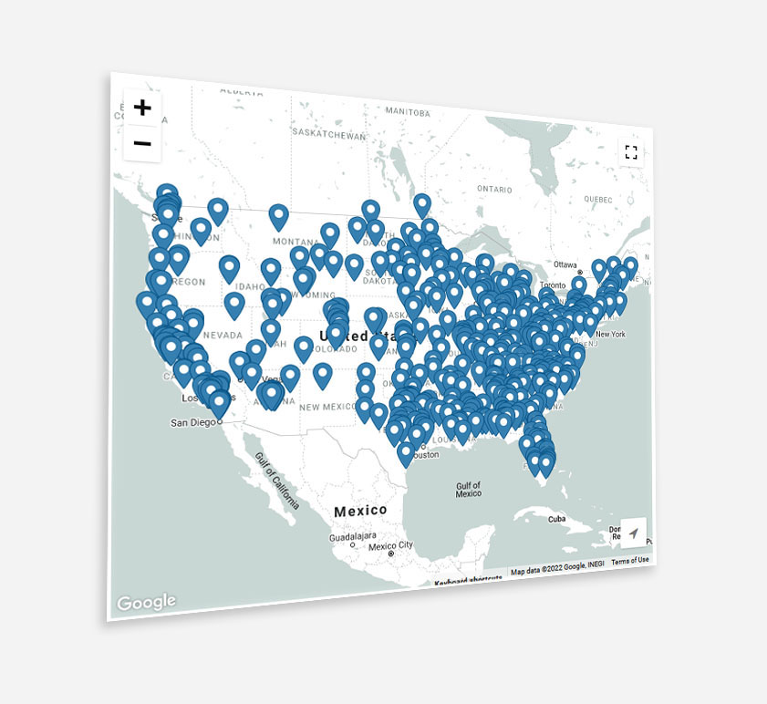 US map with location pins