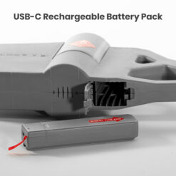 Pulsefire compact battery pack on table next to main unit with battery access panel open